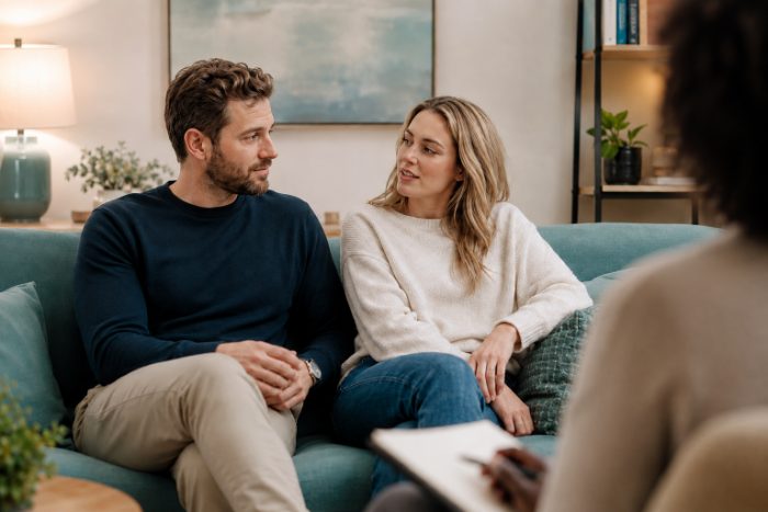 A couple sitting together on a couch, hands clasped