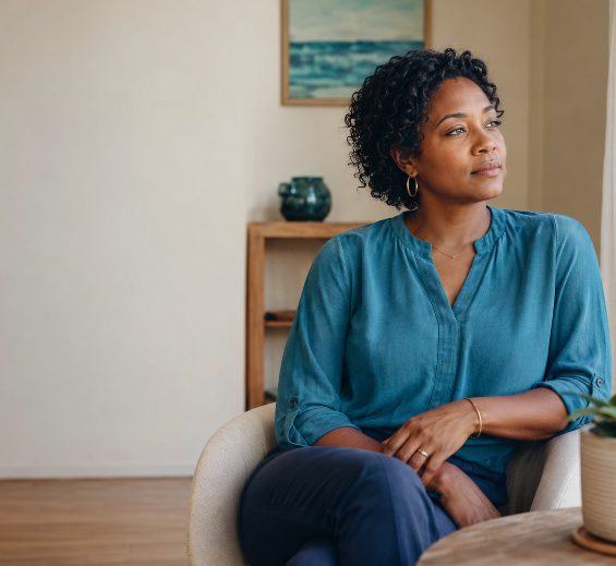 A woman seated in a quiet room, looking thoughtfully into the distance