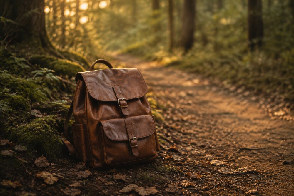 A leather backpack on a forest trail