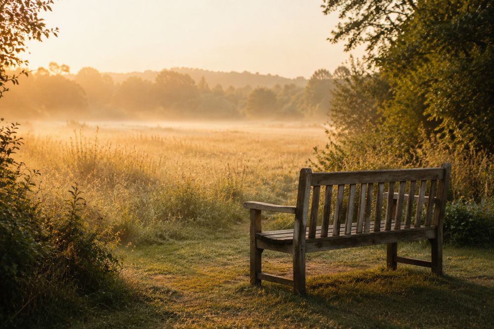 A wooden bench overlooking a misty field