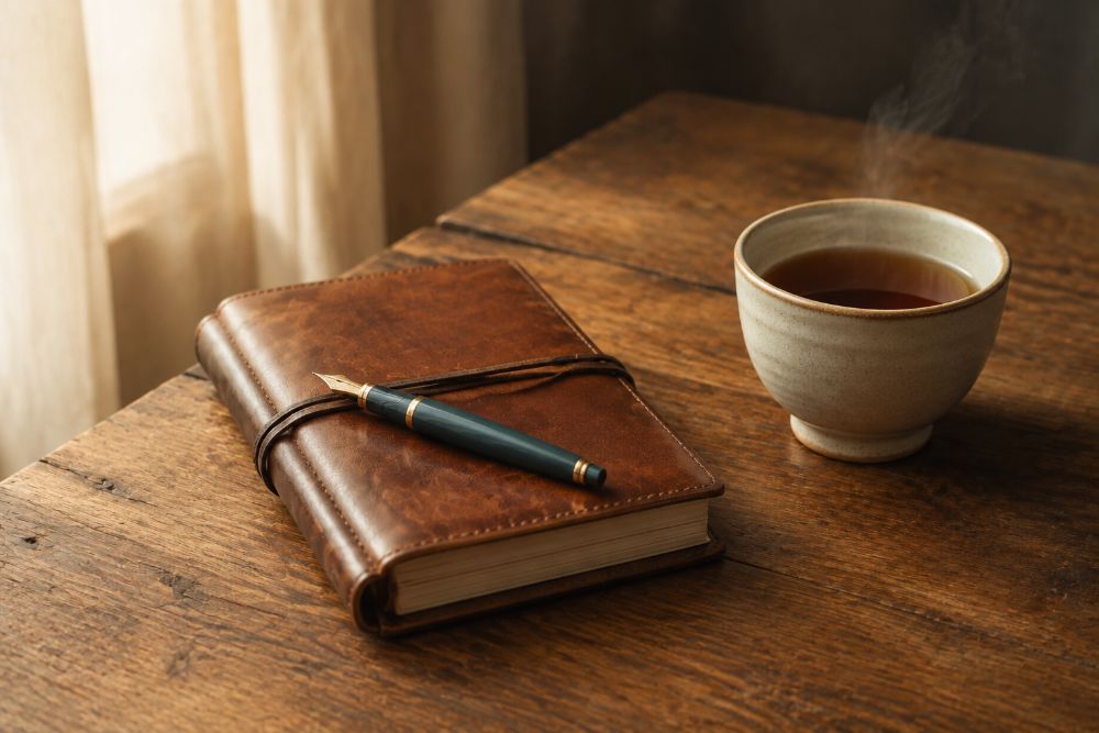 A journal, fountain pen, and tea