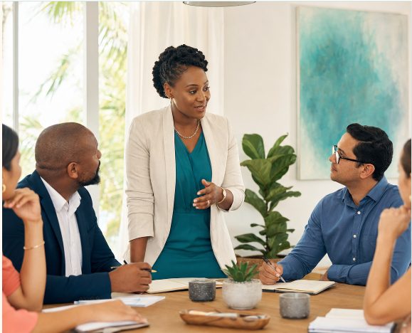 A woman leading a discussion with colleagues around a meeting table
