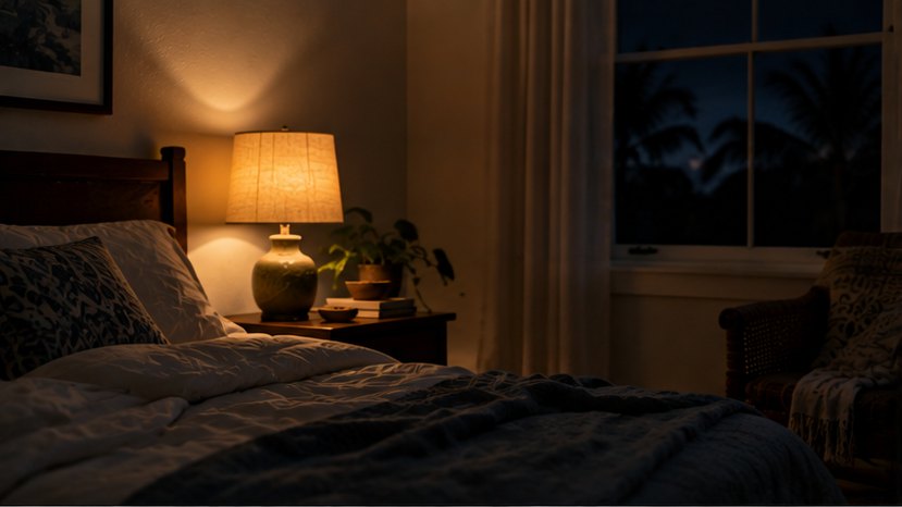 A single lamp lit in a dark bedroom at night, the furniture just visible at the edge of the light.
