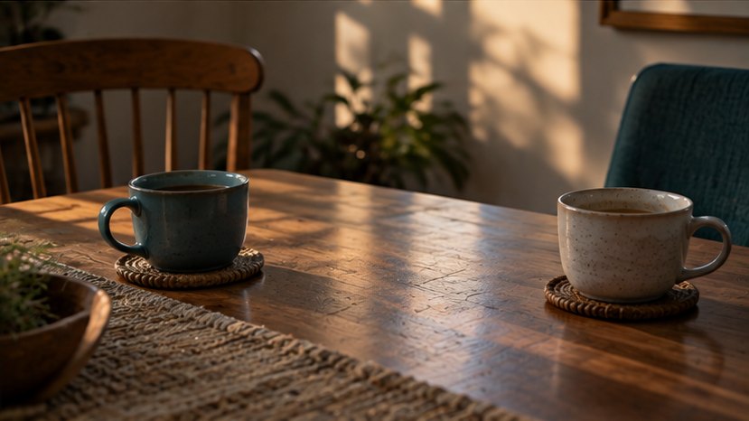 Two coffee cups set apart on a wooden table in late afternoon light, chairs not quite facing each other.