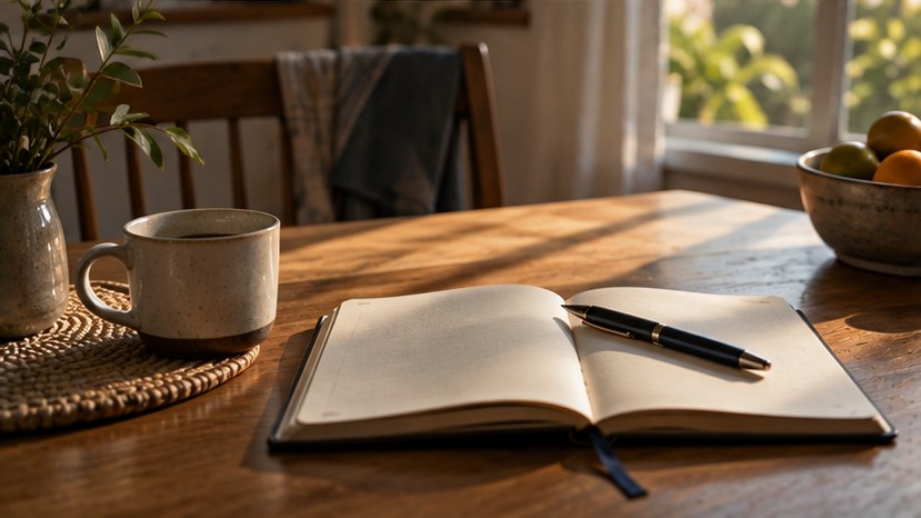An open notebook and pen on a wooden table in morning light, the page still blank.