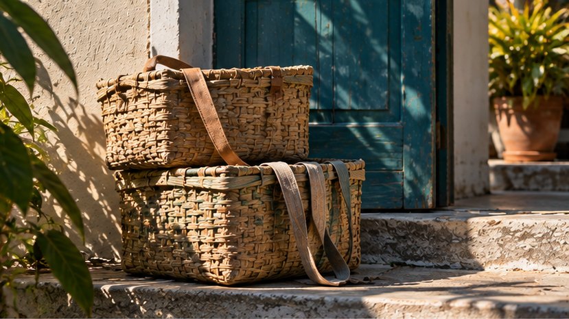 Two woven straw baskets set down on a sunlit doorstep beside a weathered teal door, straps loose.