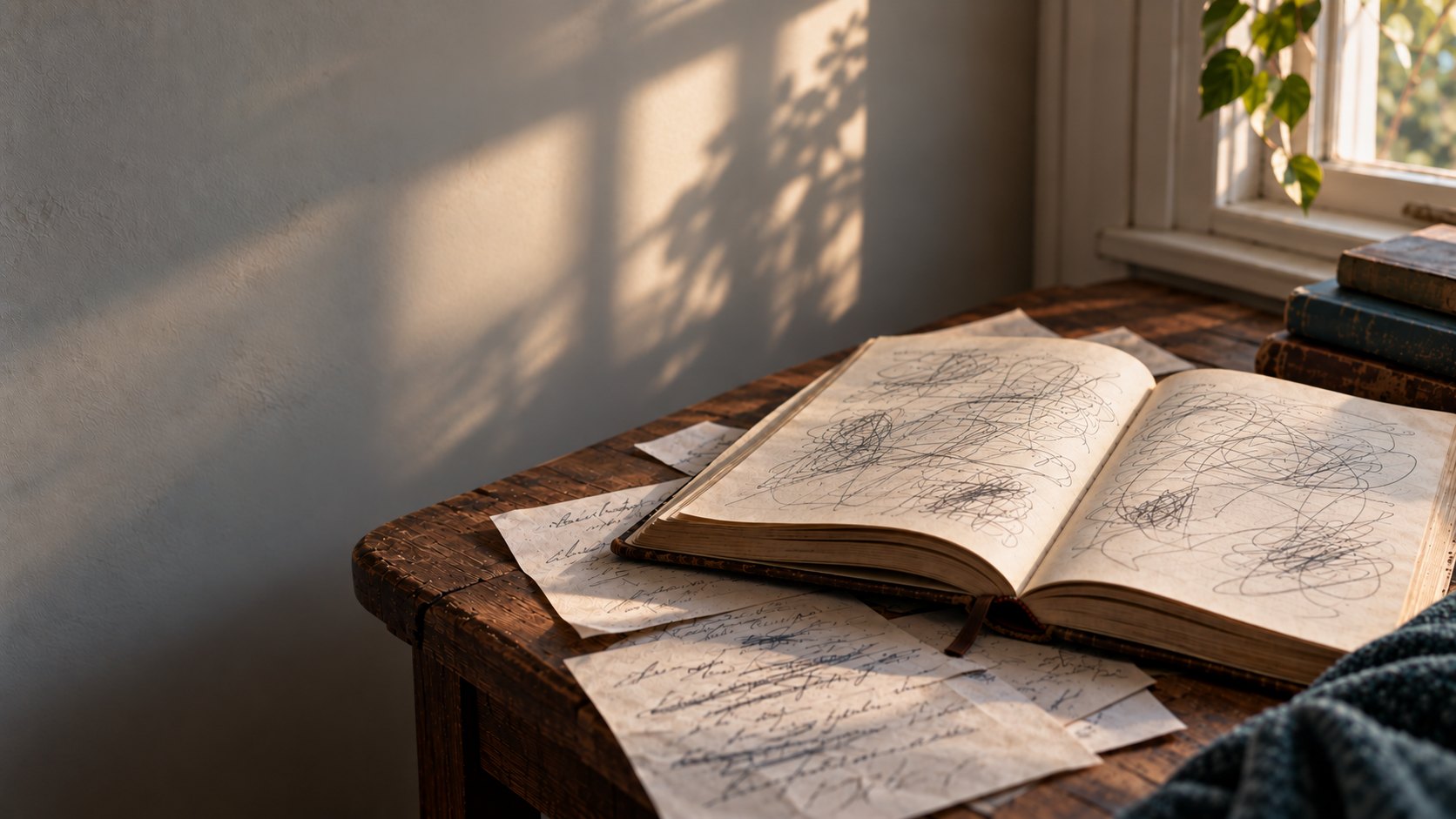 An open book filled with loose scribbled marks rests among handwritten papers on a wooden table in warm window light.